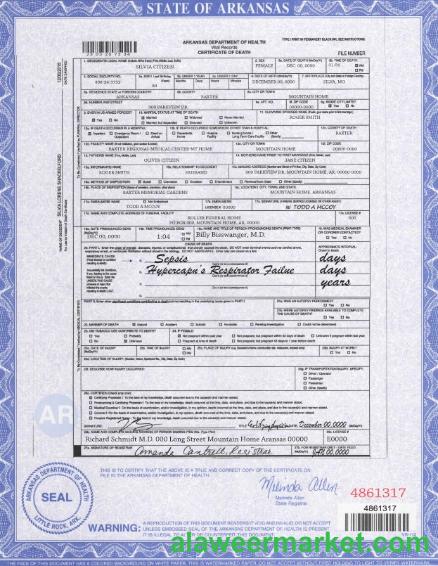 USA state Arkansas death certificate template in PSD format